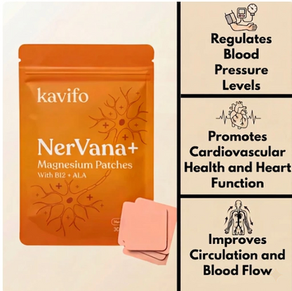 Kavifo NerVana+® Magnesium Patches shown on skin, designed for muscle relief and relaxation with adhesive patches.
