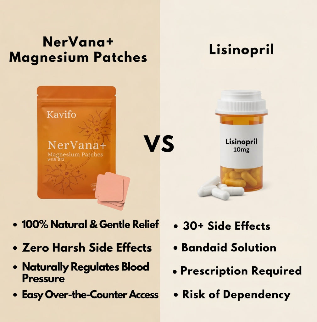 Kavifo NerVana+® Magnesium Patches shown on skin, featuring adhesive patches for muscle relaxation and magnesium absorption.